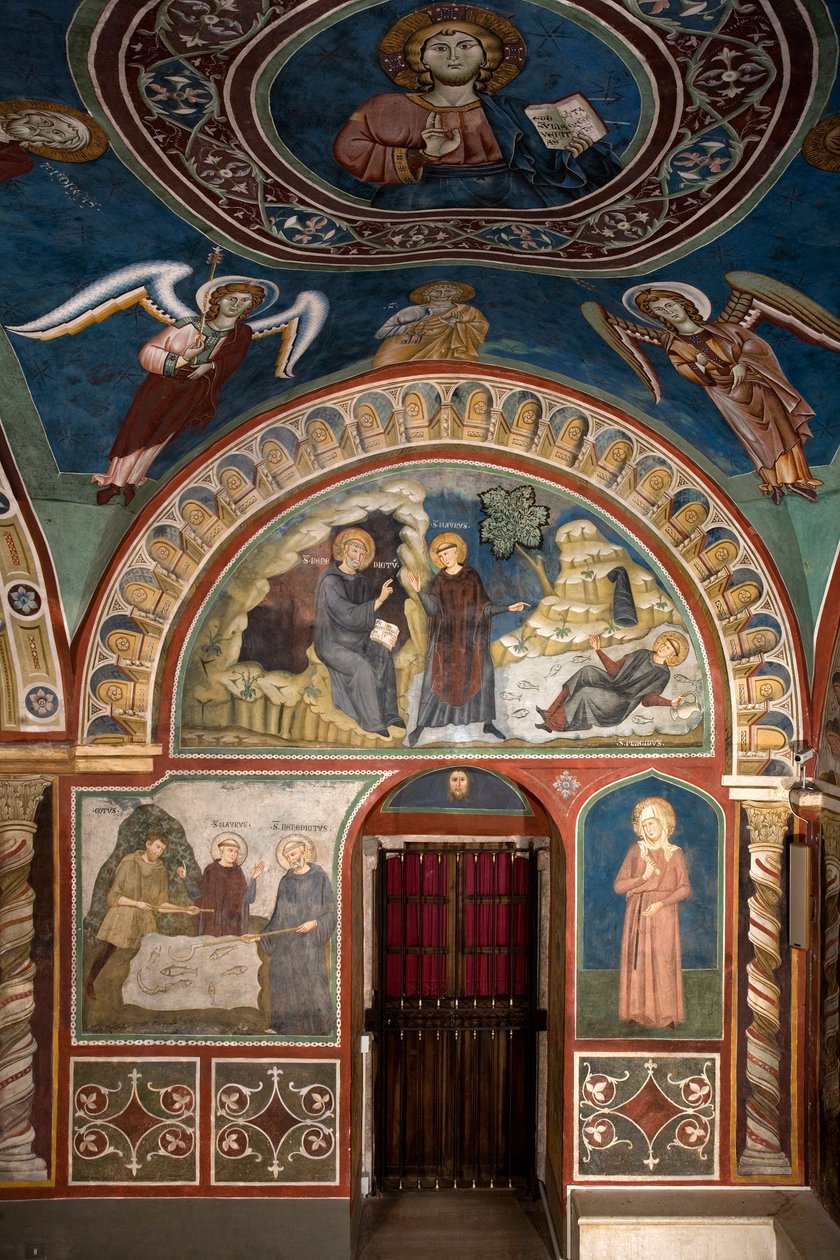 Různé epizody ze života Saint Benoita: uprostřed „Zázrak Saint Placide““ Svatý Benoit z Nursie díky zásahu svého prvního učedníka Saint Maur zachrání mladého Placida uloveného v proudu jezera. Níže je zázrak od Consolo