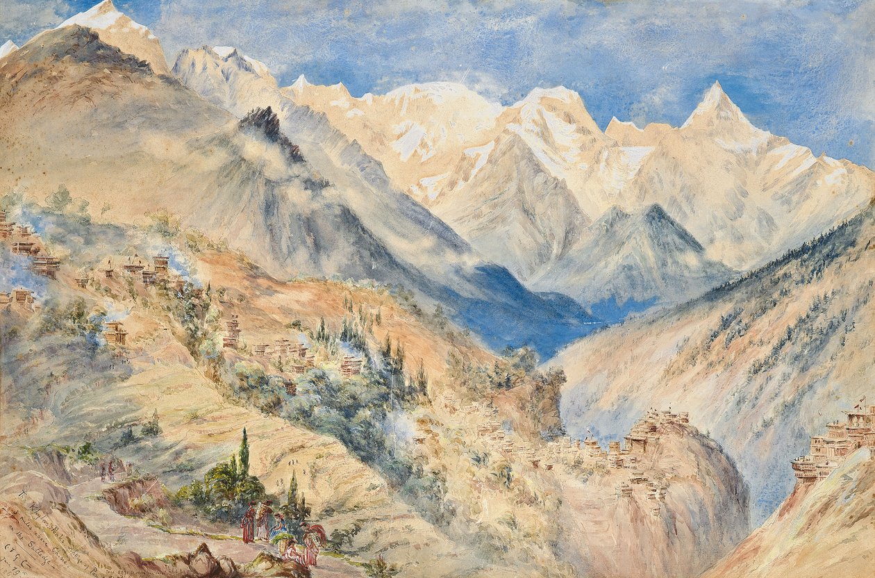 Khylas Peaks a vesnice Pangi tři míle nad CHINE na Sutledge od Constance Frederica Gordon Cumming
