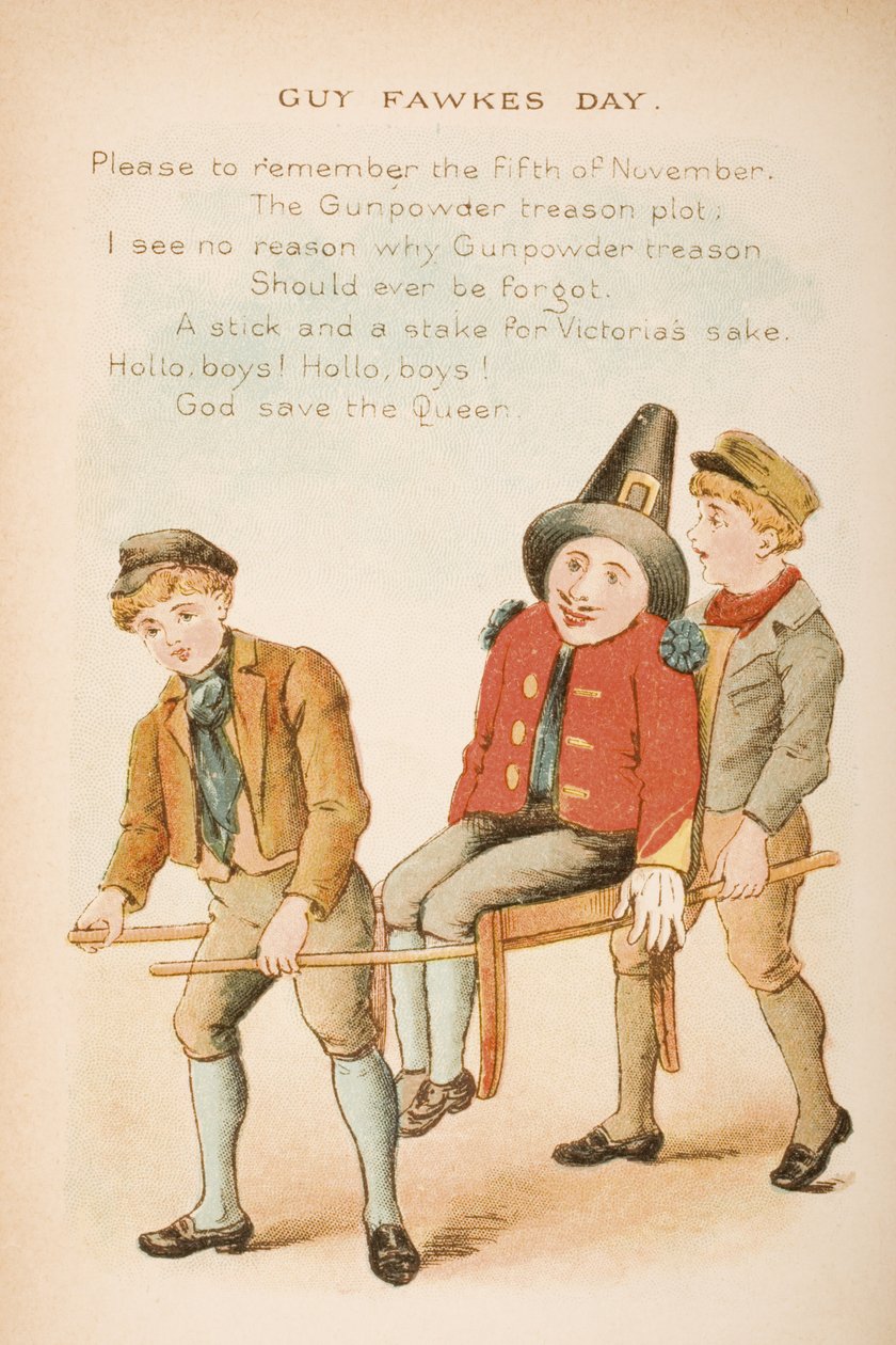 Den Guye Fawkese, z „Rýmky a příběhy staré matky husy“, vydané Frederickem Warne und Co., kolem 90. let 19. století (chromolitho) od Constance Haslewood