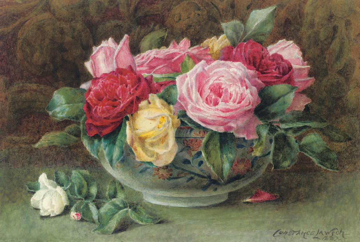Zátiší s miskou růžových, žlutých a červených růží, 1883 od Constance Lawson