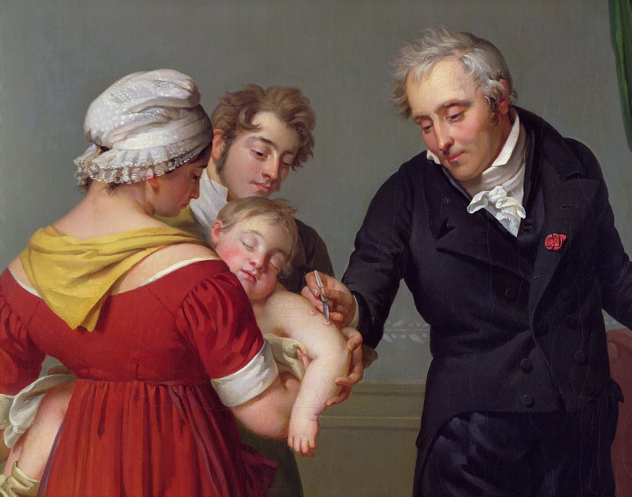 Baron Jean Louis Alibert (1768-1837) provádějící očkování proti neštovicím v zámku Liancourt, c. 1820 (detail) od Constant Joseph Desbordes