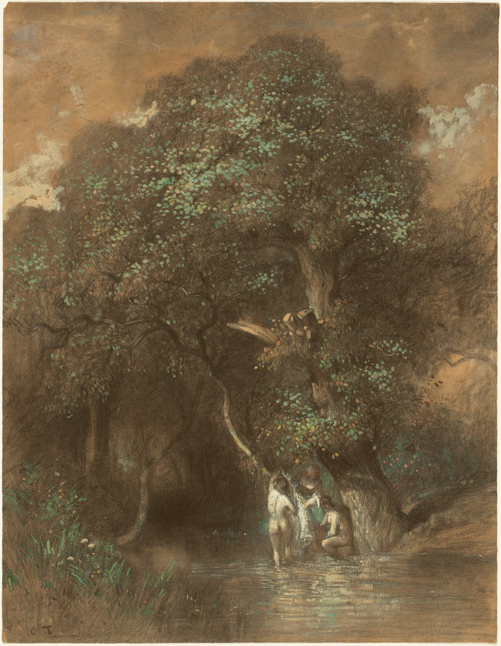 Koupající se u obrovského dubu, asi 1842-1844 (uhel na papíře) od Constant-Emile Troyon