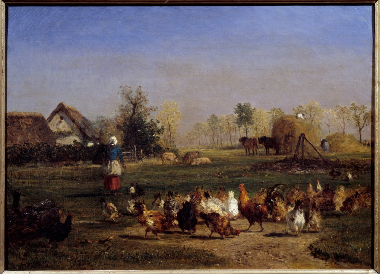 La provende des hens La basse cour (Basse-cour). Obraz Constant Troyon (1810-1865) 19. století Sun. 0,51x0,7 m - Výkrm slepic. Hospodářský dvůr. Obraz od Constanta Troyona (1810-1865) od Constant Emile Troyon