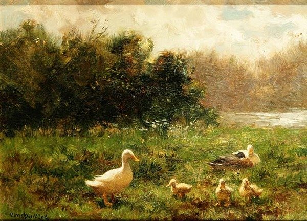 Kachna a kachňata na břehu řeky (olej na plátně) od Constant Artz