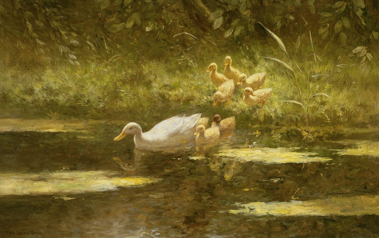 Kachna s kachňaty na břehu řeky (olej na plátně) od Constant Artz