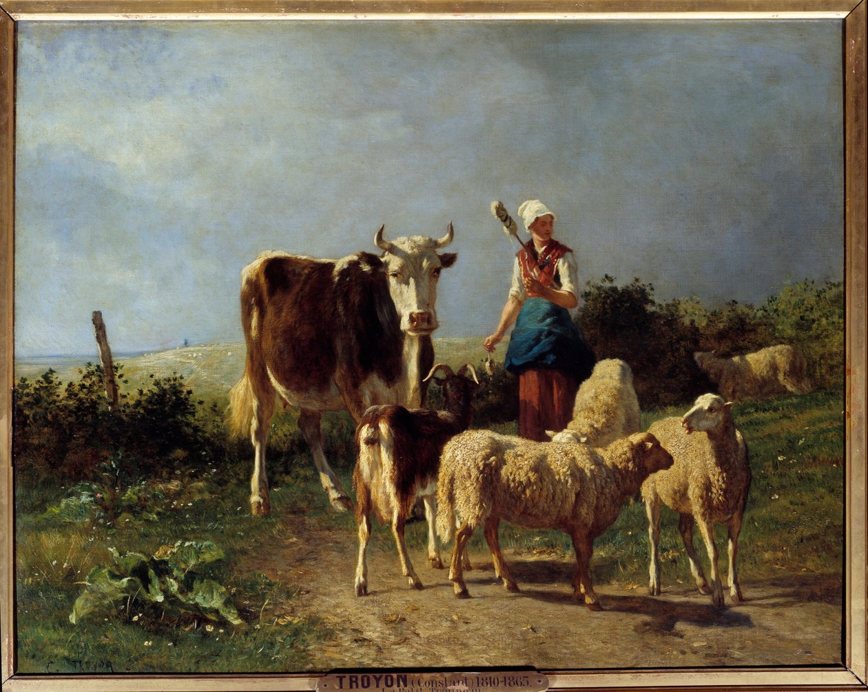 Pastýř s krávou a ovcemi. Obraz Constant Troyon (1810-1865) 19. století Sun. 0,73x0,92 m od Constant Emile Troyon