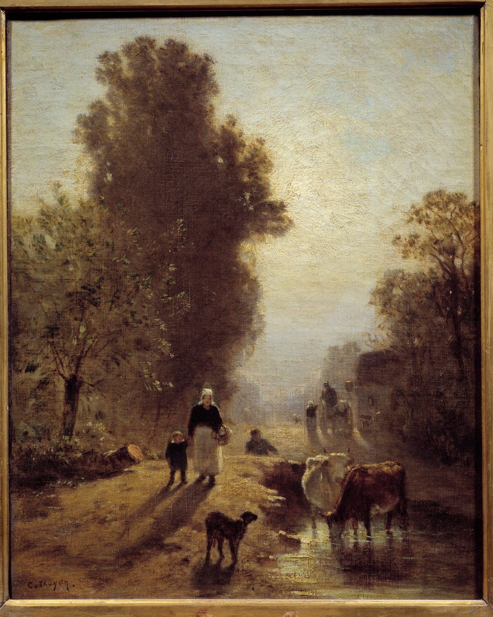Ráno Selské rodiny a betail v mlze svítání. Obraz Constant Troyon (1810-1865) 19. století Sun. 0,41x0,32 m od Constant Emile Troyon