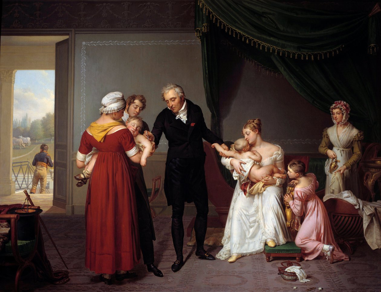 Alibert očkuje dítě na zámku Liancourt. Tento obrázek představuje očkování proti neštovicím podle principu Edwarda Jennera. Obraz Constant Desbordes (1761-1827) od Constant Joseph Desbordes