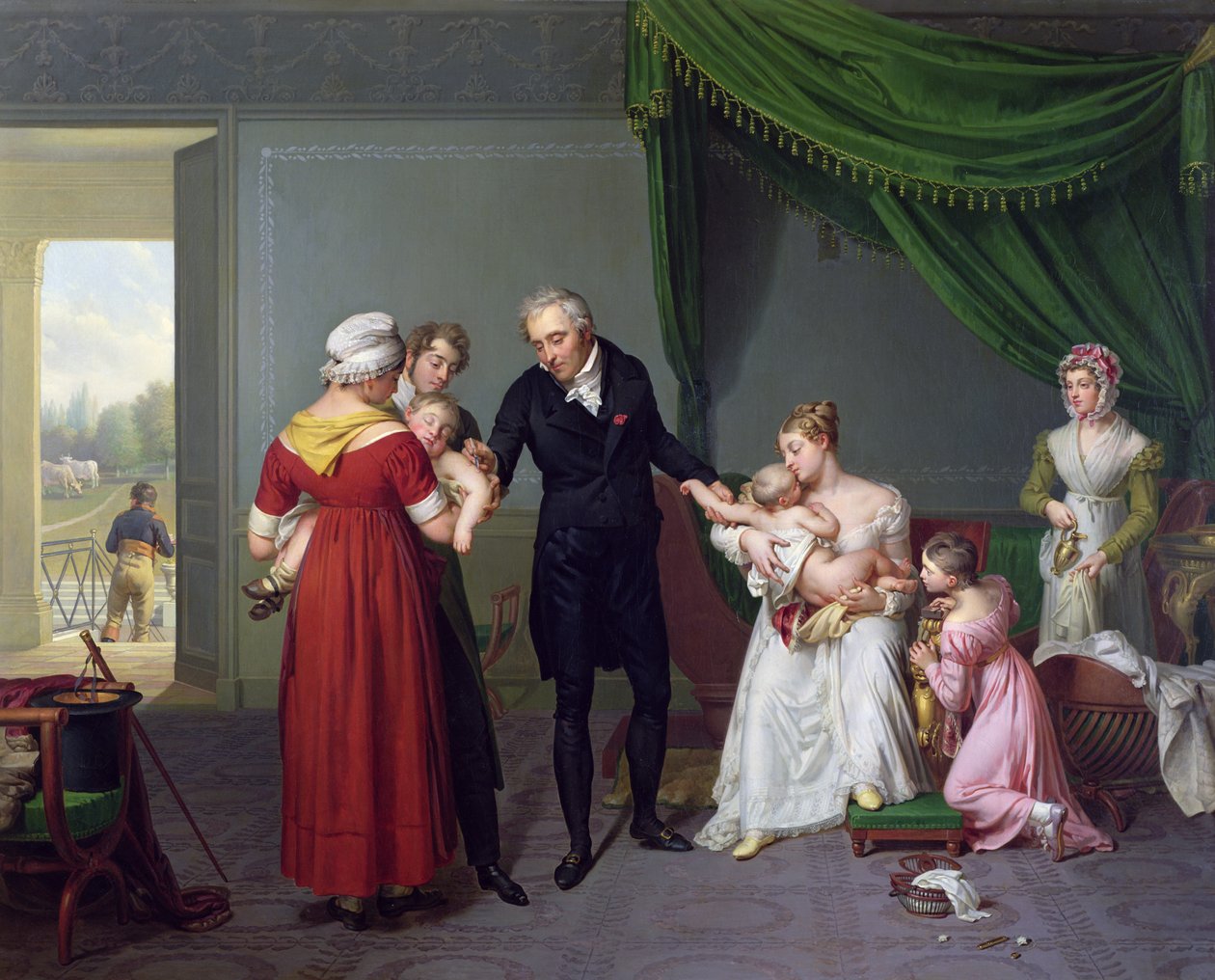 Baron Jean Louis Alibert (1768-1837) provádějící očkování proti neštovicím v zámku Liancourt, c. 1820 od Constant Joseph Desbordes