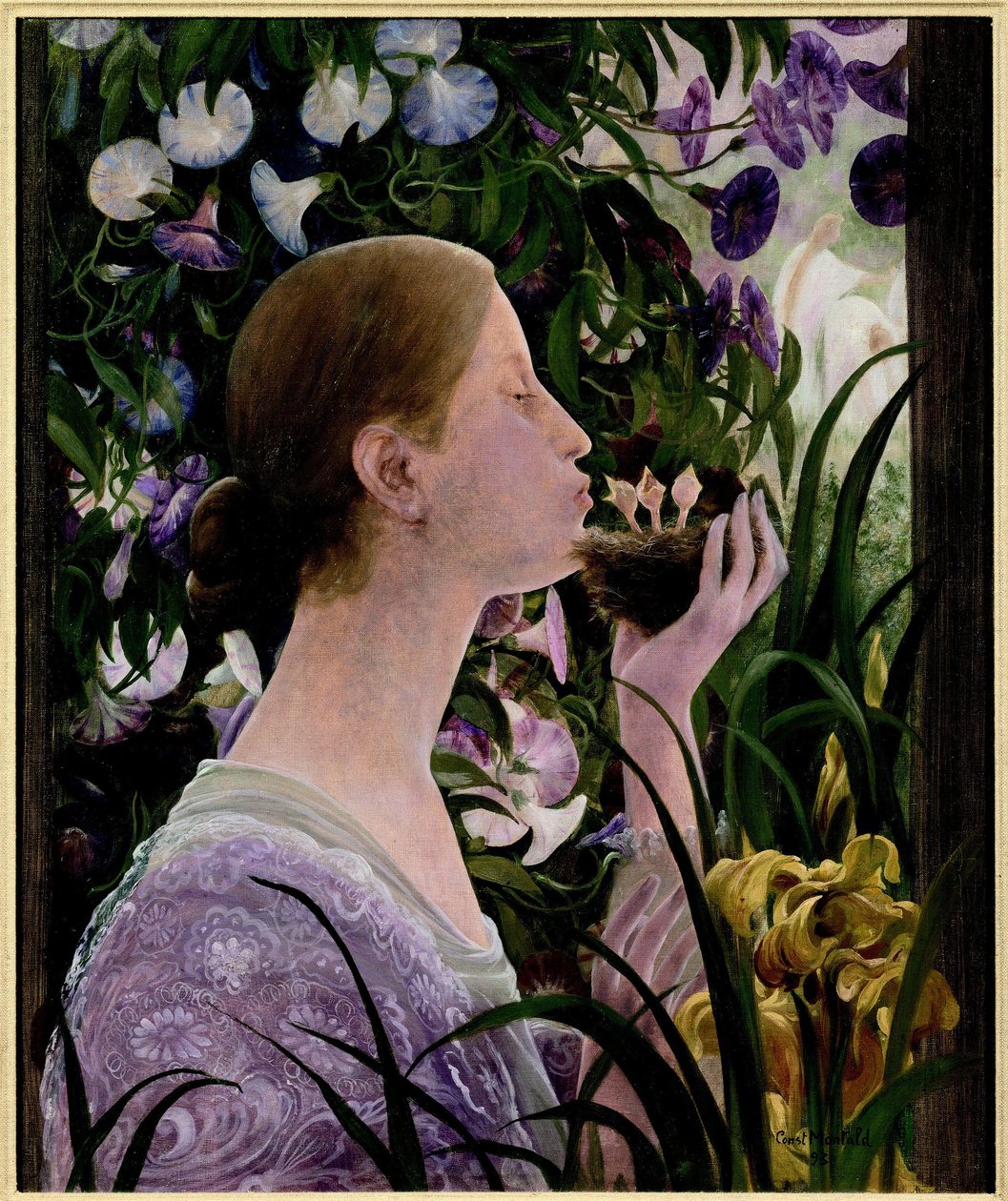 Hnízdo. Mladá žena z profilu, v květinové zahradě, drží hnízdo v ruce a dává pusu ptákům. Obraz Constant Montaid (1862-1944), olej na plátně od Constant Montald