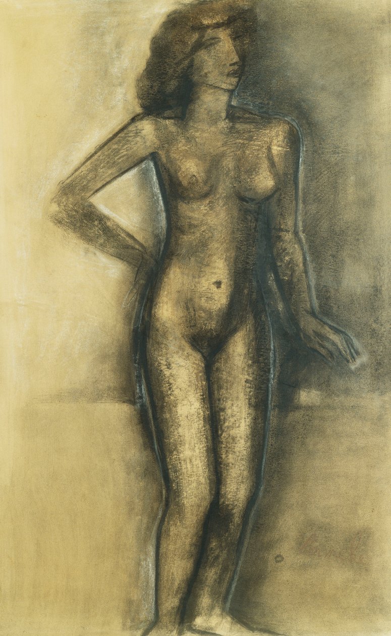 Stojící akt; Nu Debout - Standing Nude, cca 1945 (uhl a pastel na papíře) od Constant Permeke
