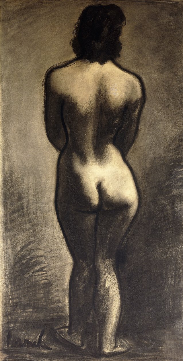 Stojící akt; Nu Debout - Stand Naakt, c. 1930 (černá křída a černý lavír na papíře) od Constant Permeke