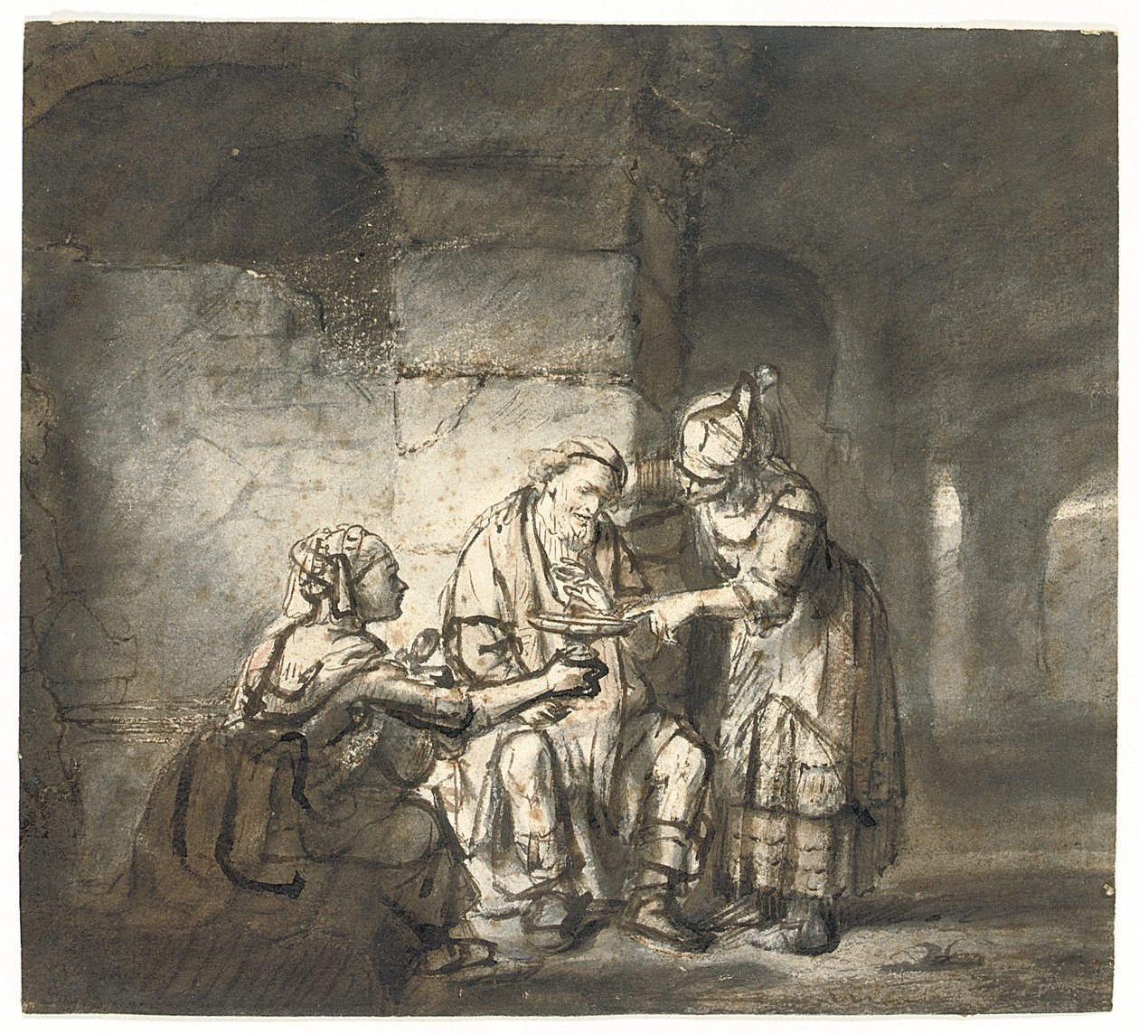 Lot a jeho dcery (Genesis 19:33) (černá a červená křída, pero a hnědý inkoust) od Constantin Daniel van Renesse