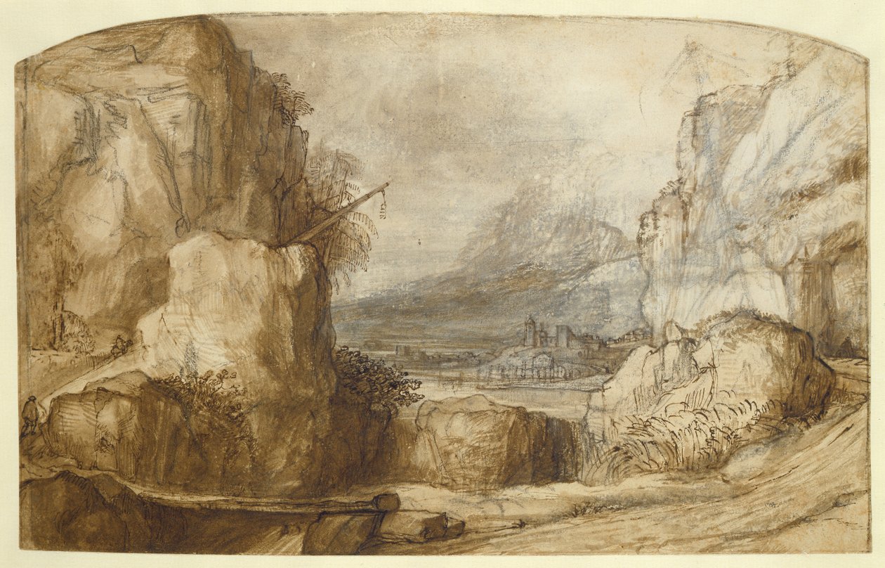 Horská krajina (pero, hnědý inkoust, štětec a křída na papíře) od Constantin Daniel van Renesse