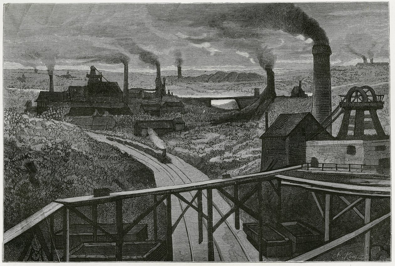 Těžba uhlí a terry (aspekty contree borainu). Rytina Constant Meunier pro ilustraci příběhu „Belgie“ od Camille Lemonnier (1844-1913), belgická spisovatelka. Publikováno v Le Tour du monde, nouveau journal des voyages, 2. semestr 1884, e od Constantin Emile Meunier
