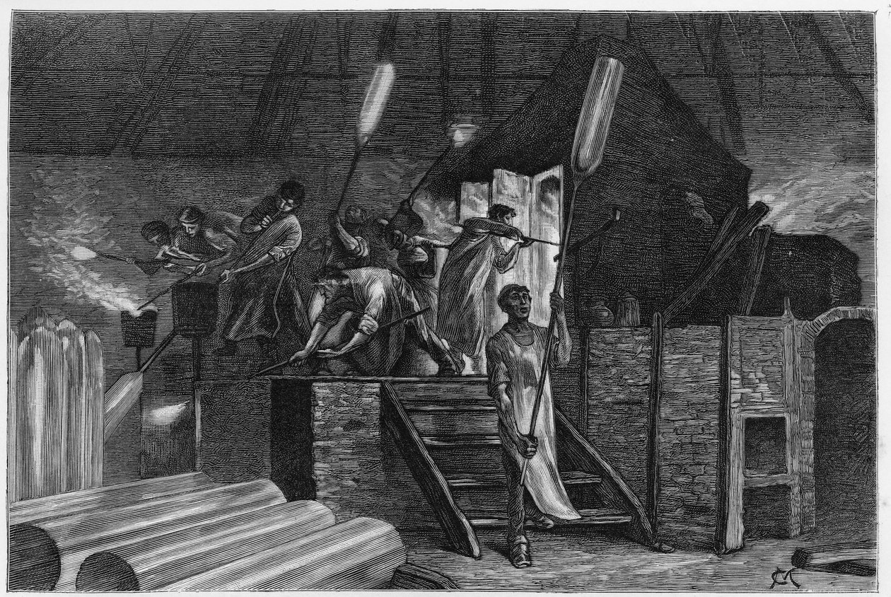 Uvnitř skla, v Lodelinsart (nebo Lodlinsat, ve městě Charleroi). Rytina Constant Meunier pro ilustraci příběhu „Belgie“ od Camille Lemonnier (1844-1913), belgická spisovatelka. Publikováno v Le Tour du monde, nouveau journal des voyages, 2 od Constantin Emile Meunier