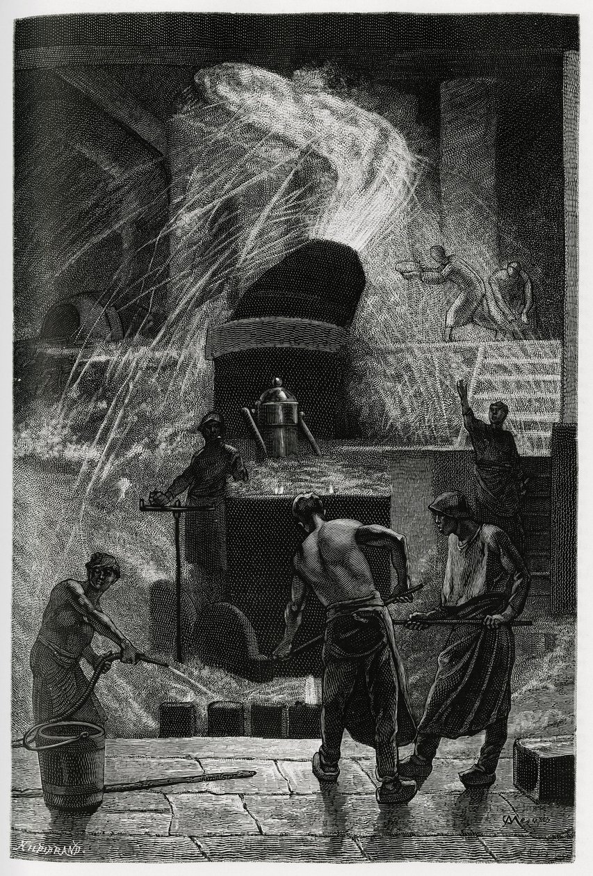 Odlévání oceli v kokerillových provozech v Seraingu. Rytina od C. Meuniera k ilustraci příběhu „“ La Belgique“ od Camille Lemonnier (1844-1913), spisovatelky a kritičky umění. od Constantin Emile Meunier
