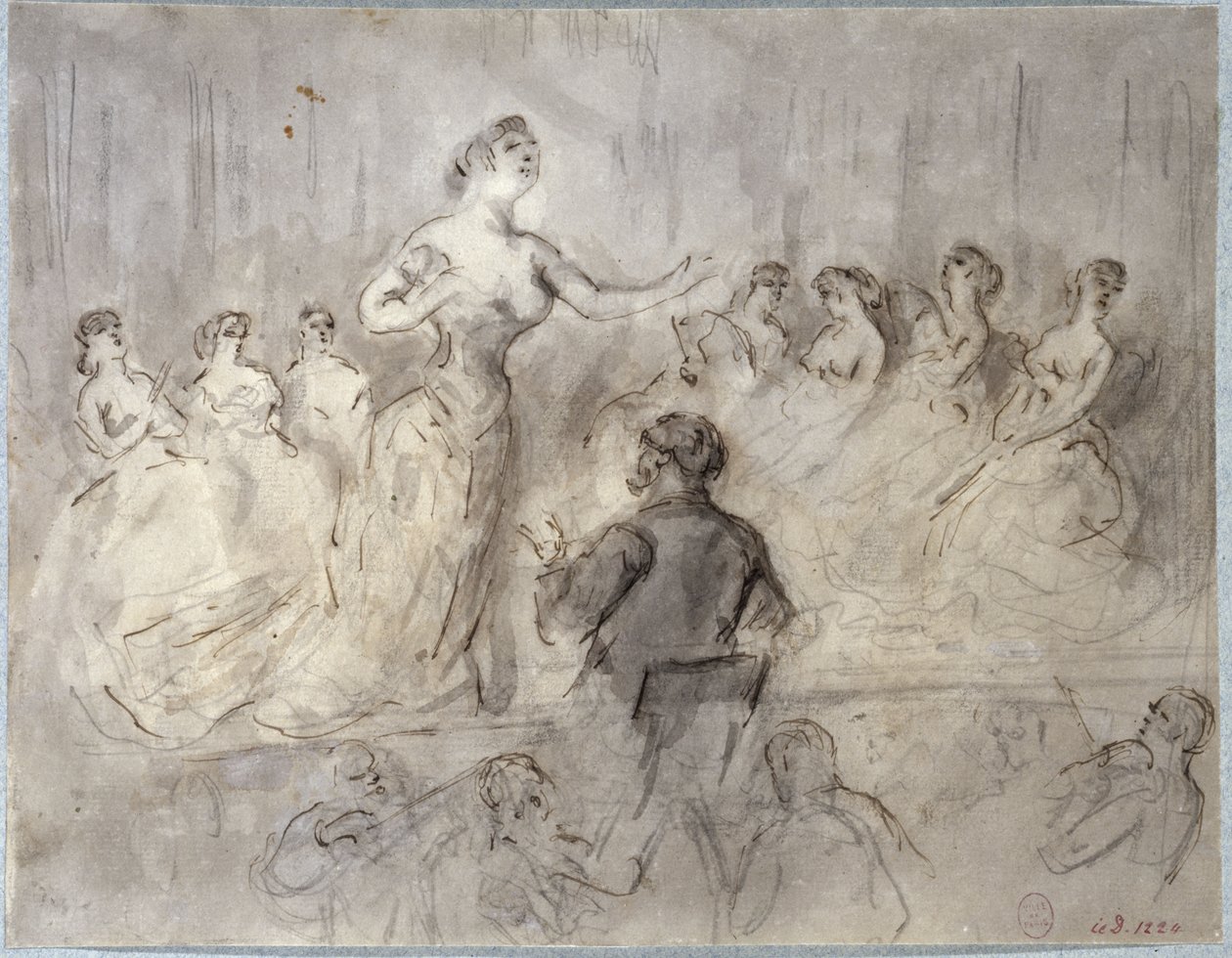 Scéna z café-concertu, orchestr a zpěvačky, kolem 1875-1880 od Constantin Guys