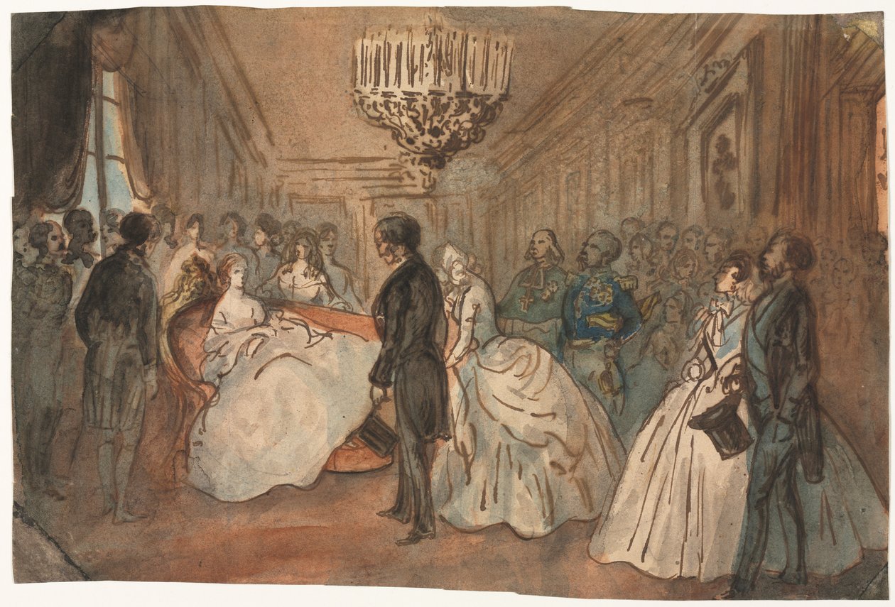 Císařovna Eugenie přijímající diplomatický sbor po narození císařského prince, 19. století. od Constantin Guys