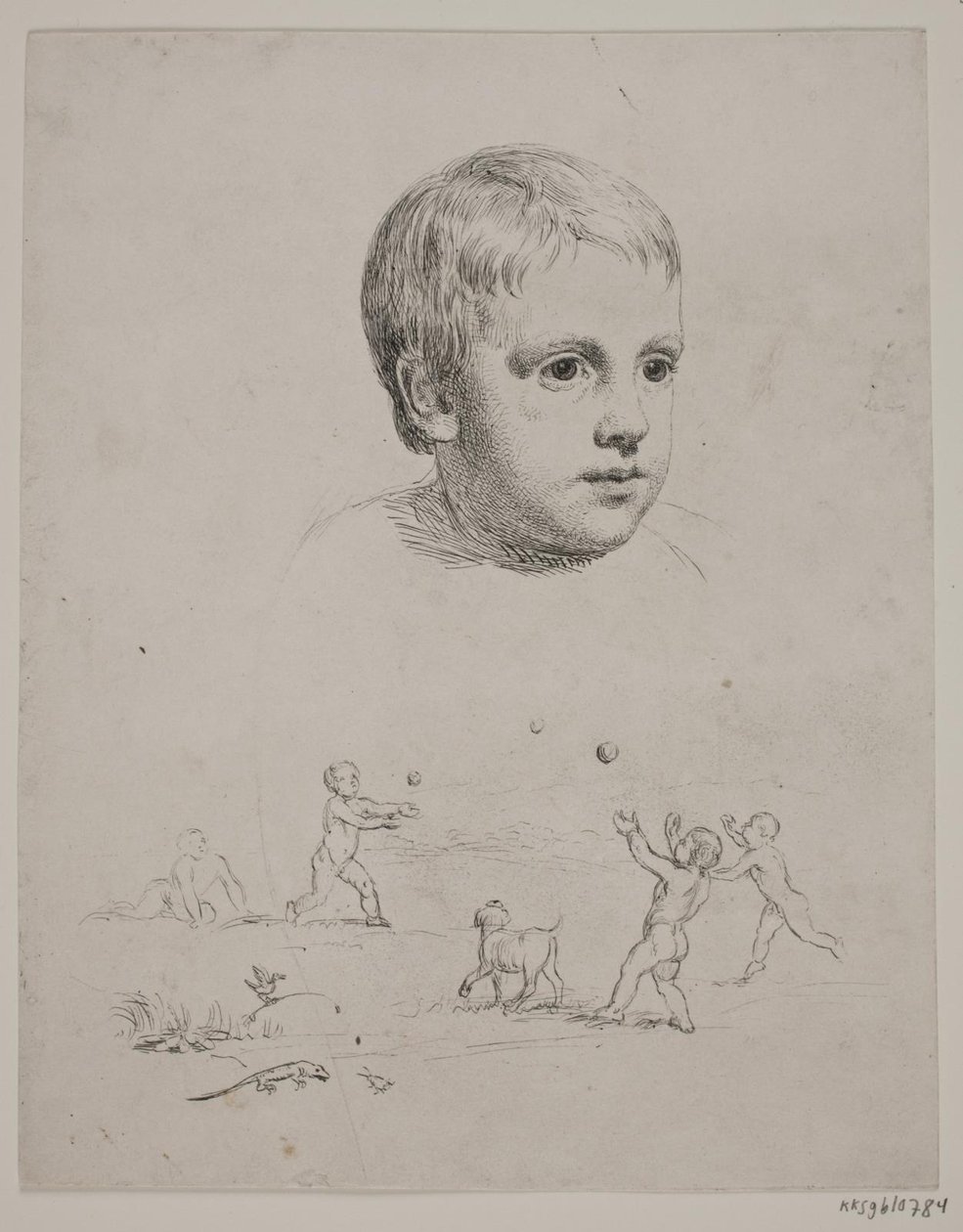 Øverst portræt af T. N. Thiele som barn, forneden fire drenge der spiller bold   1267464   cs       czech Successfully Translated  Original: My Little Doll, poem by Charles Kingsley (colour litho) Translat: My Little Doll, poem by Charles Kingsley (colour  od Constantin Hansen