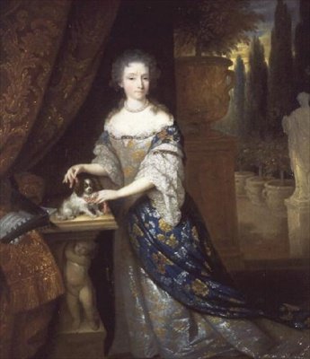 Portrét dámy s psem sedícím na podstavci, kolem roku 1690 od Constantin Netscher