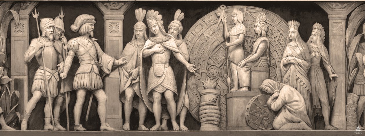 Cortez a Montezuma v mexickém chrámu Vlys v rotundě Kapitolu Spojených států, 186 od Constantino Brumidi