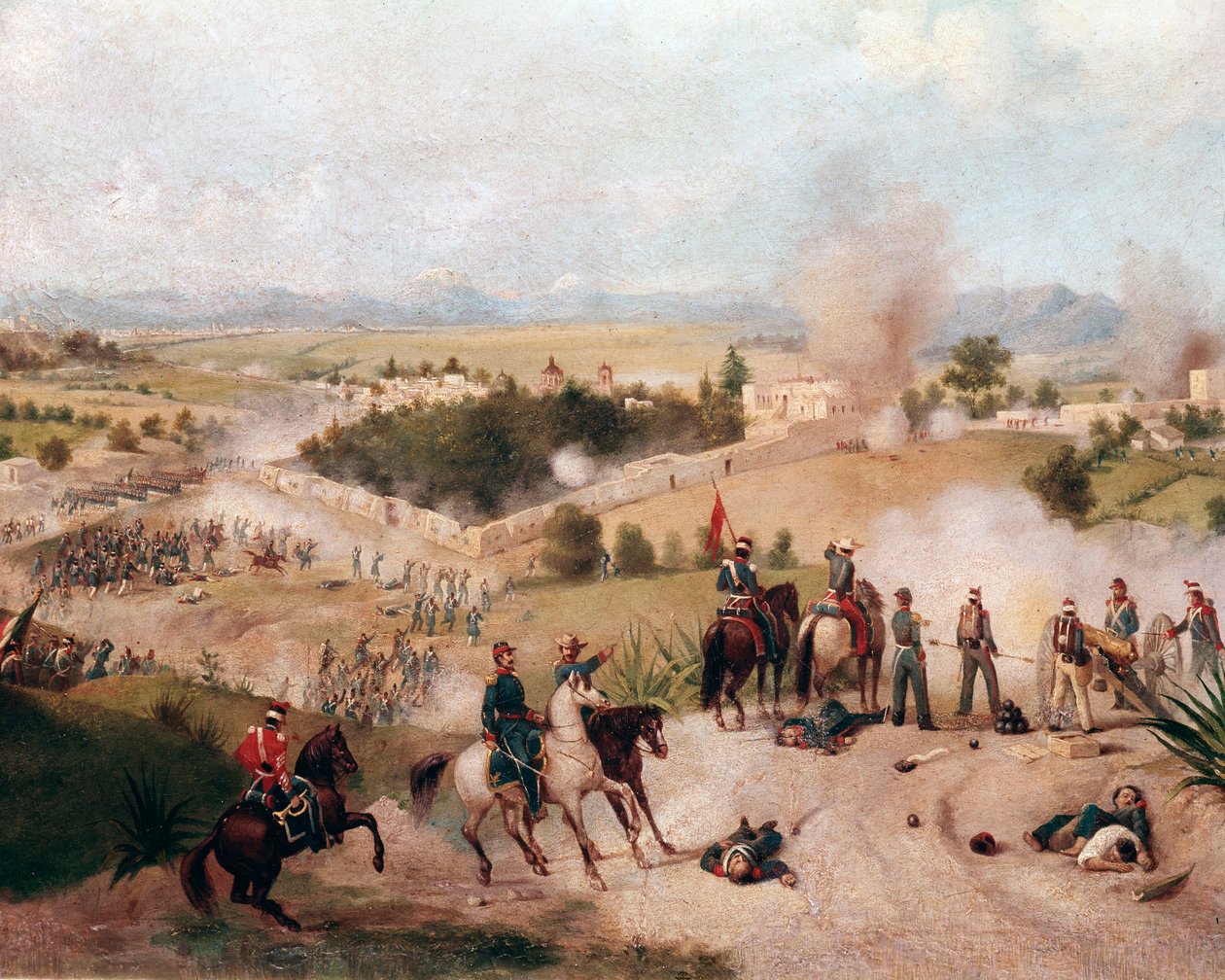 Americko-mexická válka: pohled na bitvu u Molino del Rey dne 8. 9. 1847 - (mexicko-americká válka, pohled na bitvu u Molino del Rey) Detailní malba od Constantina Escalante (1836-1868) od Constantino Escalante