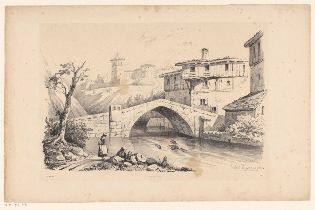 Most přes řeku v horské vesnici Krajina (název série) od Constantinus Cornelis Huysmans