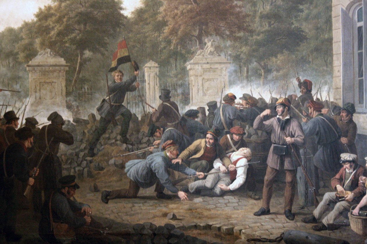 Revoluční barikáda stojící před bruselským parkem během bojů mezi belgickými rebely a nizozemskými silami v roce 1830 od Constantinus Fidelio Coene