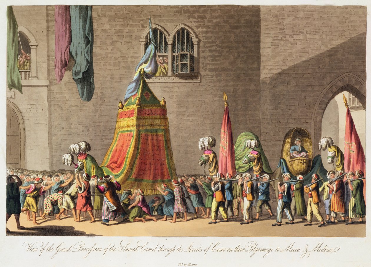 Pohled na Velký průvod posvátného velblouda ulicemi Káhiry na jejich pouti do Mekky a Mediny, hospoda. 1822 od Cooper Willyams