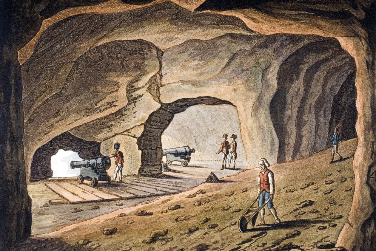Uvnitř galerie na Gibraltarské skále, vyryté Josephem Constantine Stadlerem (fl. 1780-1812) od Cooper Willyams