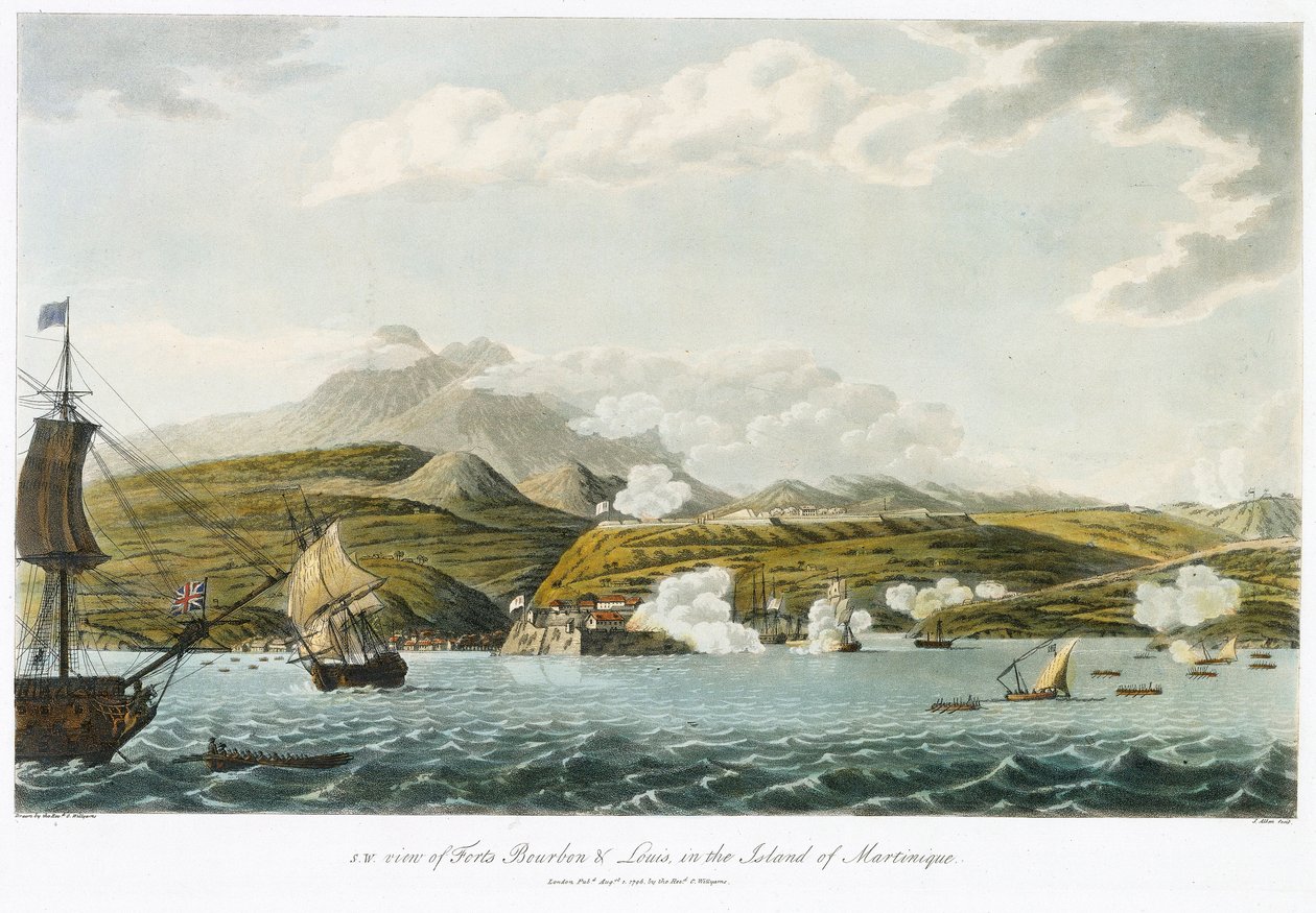 Jihozápadní pohled na Fort Bourbon a Fort Louis (Fort Saint Louis) na Martiniku, 5. února - 22. března. od Cooper (after) Willyams