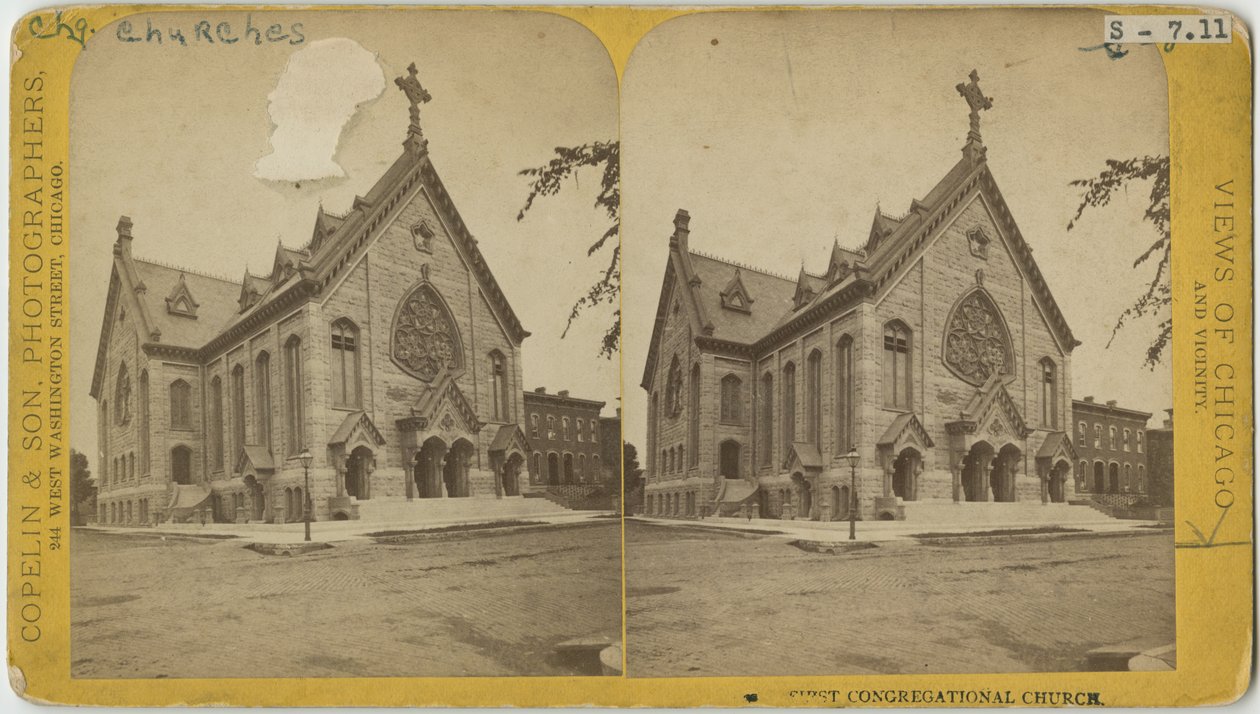 Stereograf První kongregační církve, Chicago, kolem roku 1870 (černobílá fotografie na paspartě) od Copelin and Hine Copelin and Hine