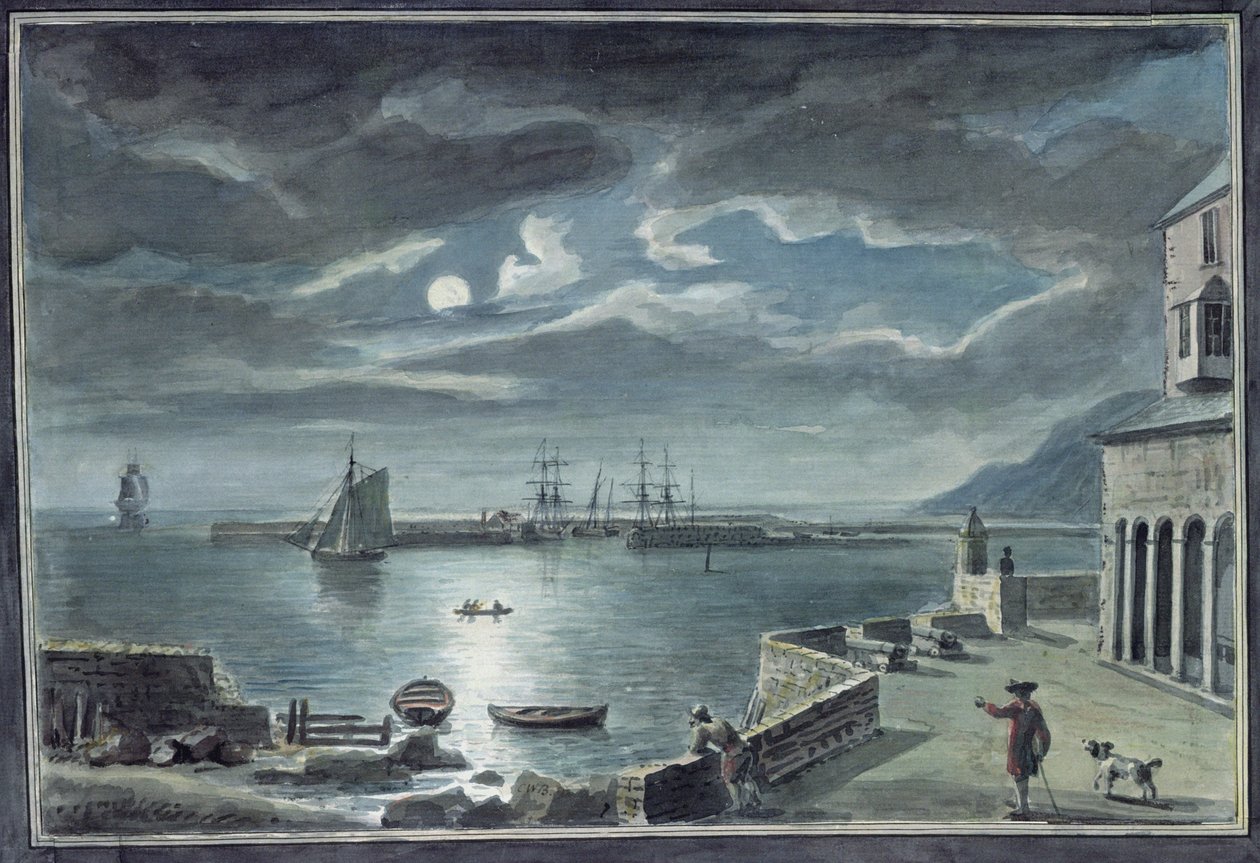 Přístav a Cobb, Lyme Regis, Dorset, za měsíčního svitu od Copplestone Warre Bamfylde