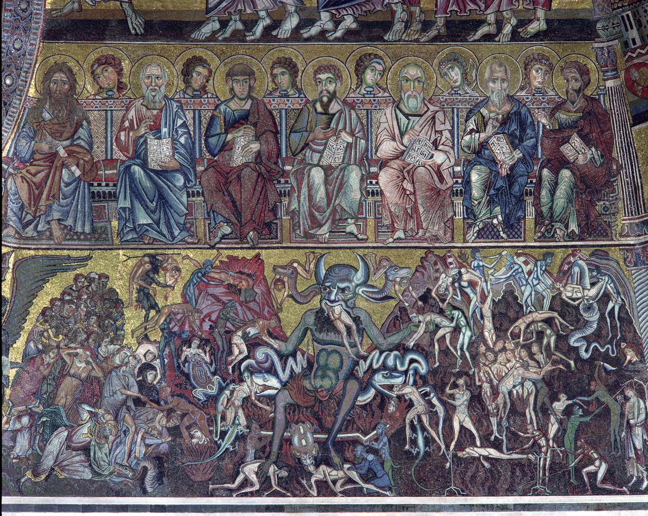 Peklo, detail Posledního soudu z klenby nad apsidou, mozaika 1225 od Coppo di Marcovaldo