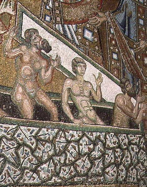 Poslední soud, detail zatracených vstupujících do pekla, z trezoru nad apsidou od Coppo di Marcovaldo