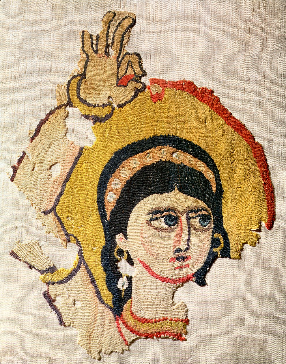Fragment tapiserie s vyobrazením hlavy tanečnice (vlna a len) od Coptic