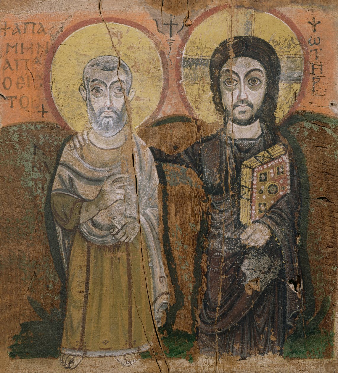 Ikona zobrazující Abbott Mena s Kristem, z Baouit, 6.–7. století (tempera na panelu) od Coptic