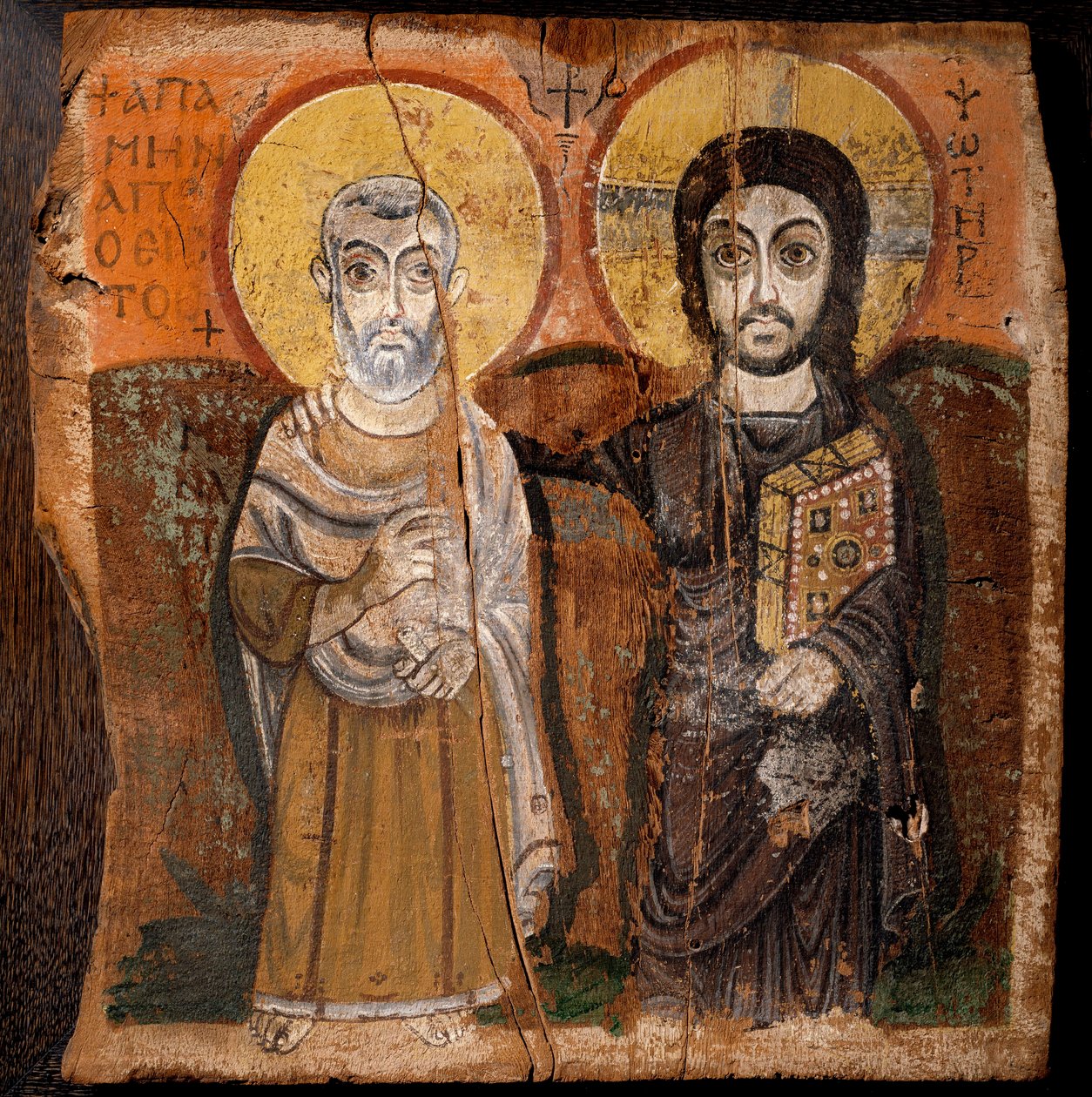 Koptské umění: „“ Kristus a abbé Mena““ Svatý Menas (Minas, Mina, Mena, Mennas), egyptský mučedník 3. století. Fragment barvy na dřevě (detrempe na fíkovníku) 6. nebo 7. století Rozměr: 57x57cm. Z lokality Baouit v Egyptě. - Koptské umění: „“ Chri od Coptic