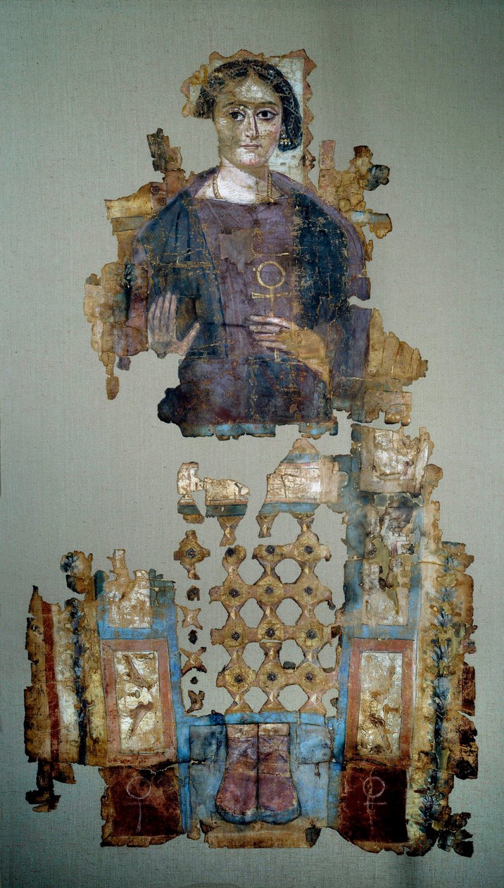 Koptské umění: fragment malovaného plátěného rubáše znázorňující mladou ženu nazývanou dámu křížem ansee. Z Antinoupolis. 4. století našeho letopočtu. Paříž, muzeum Louvre od Coptic Coptic