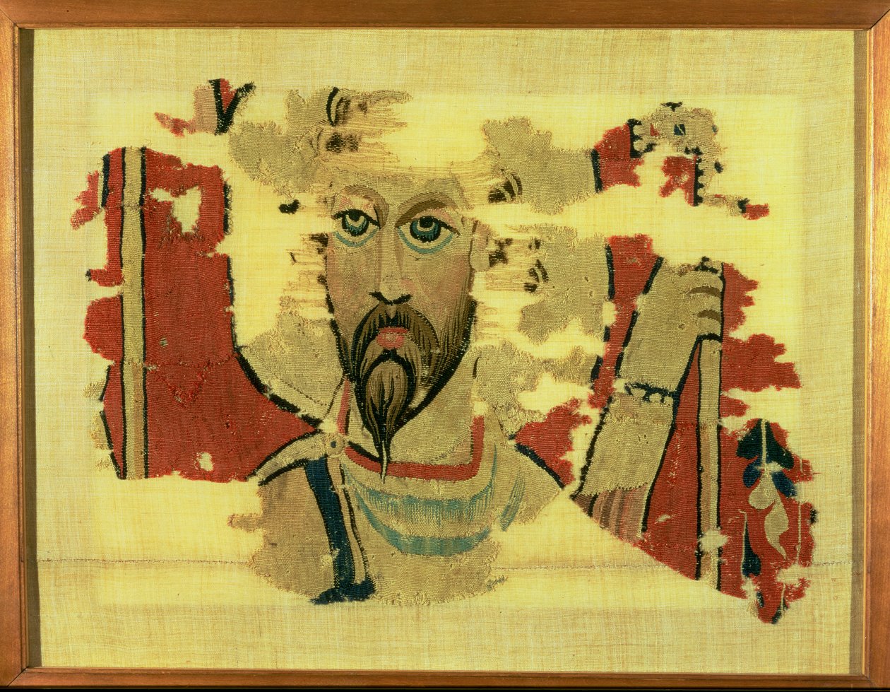 Tkaný závěs zobrazující hlavu svatého Theodora, z Akhmimu, Egypt, cca 500-600 (vlněná tapisérie) od Coptic Coptic
