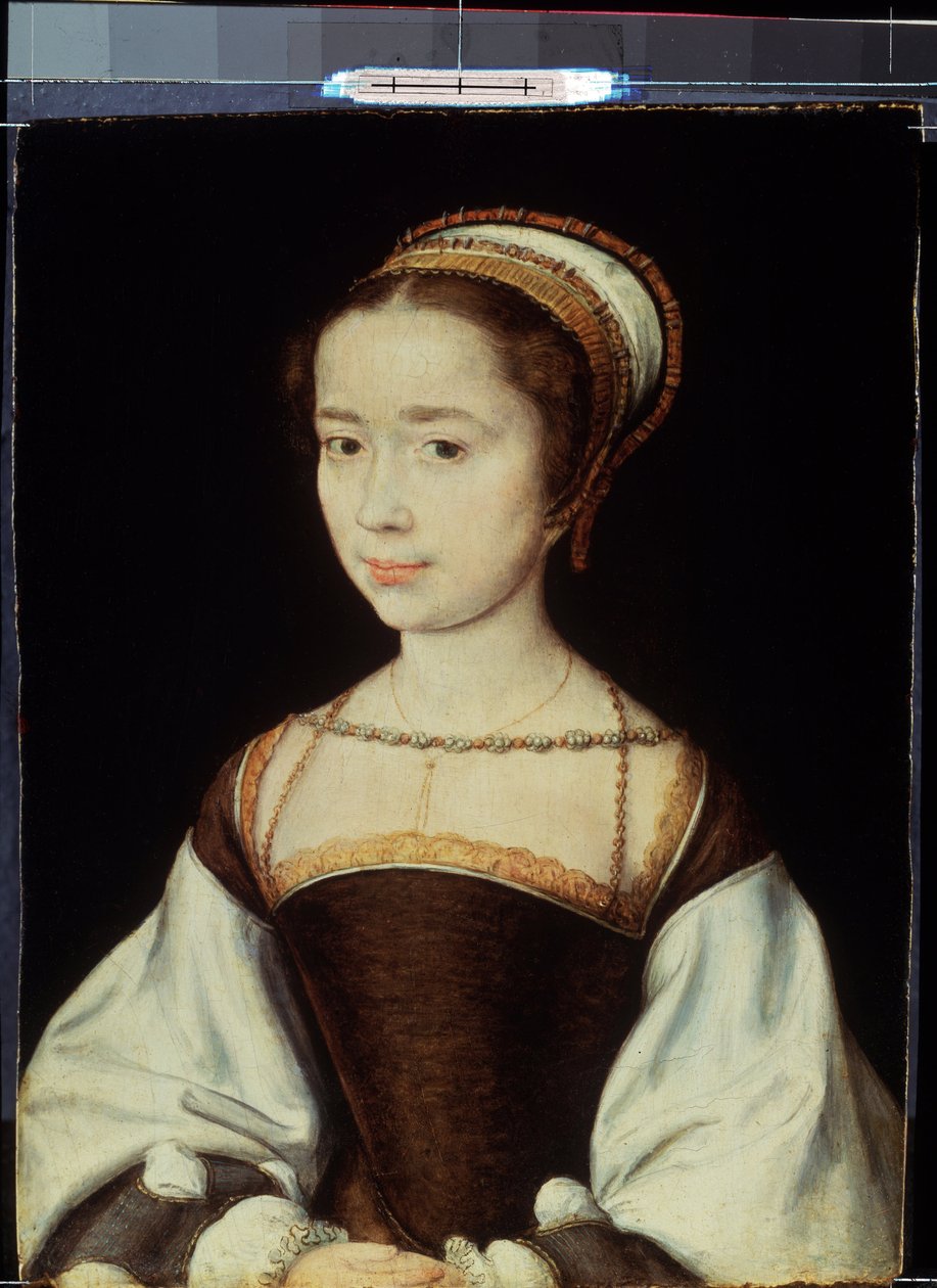 Obraz ""Portrait Of A Young Woman"" Malba Corneille De Lyon (Corneille Of The Hague) (1500/1510-1574) 1530 Přibližné rozměry 20 x 15,5 cm Petrohrad, Ermitáž od Corneille de la  Haye