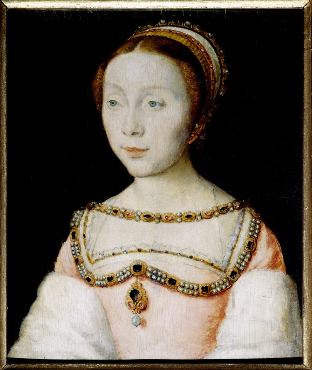 Portrét Francoise de Longwy, manželky admirála Philippe Chabota, vdova v roce 1543, v roce 1545 se znovu provdala za Jacquese de Peruse, pána z Ecars. Obraz Corneille De Lyon (Corneille de The Hague) (1500/1510-1574). Olej na dřevě. Rozměr: 0,13 x 0,16 m.  od Corneille de la  Haye