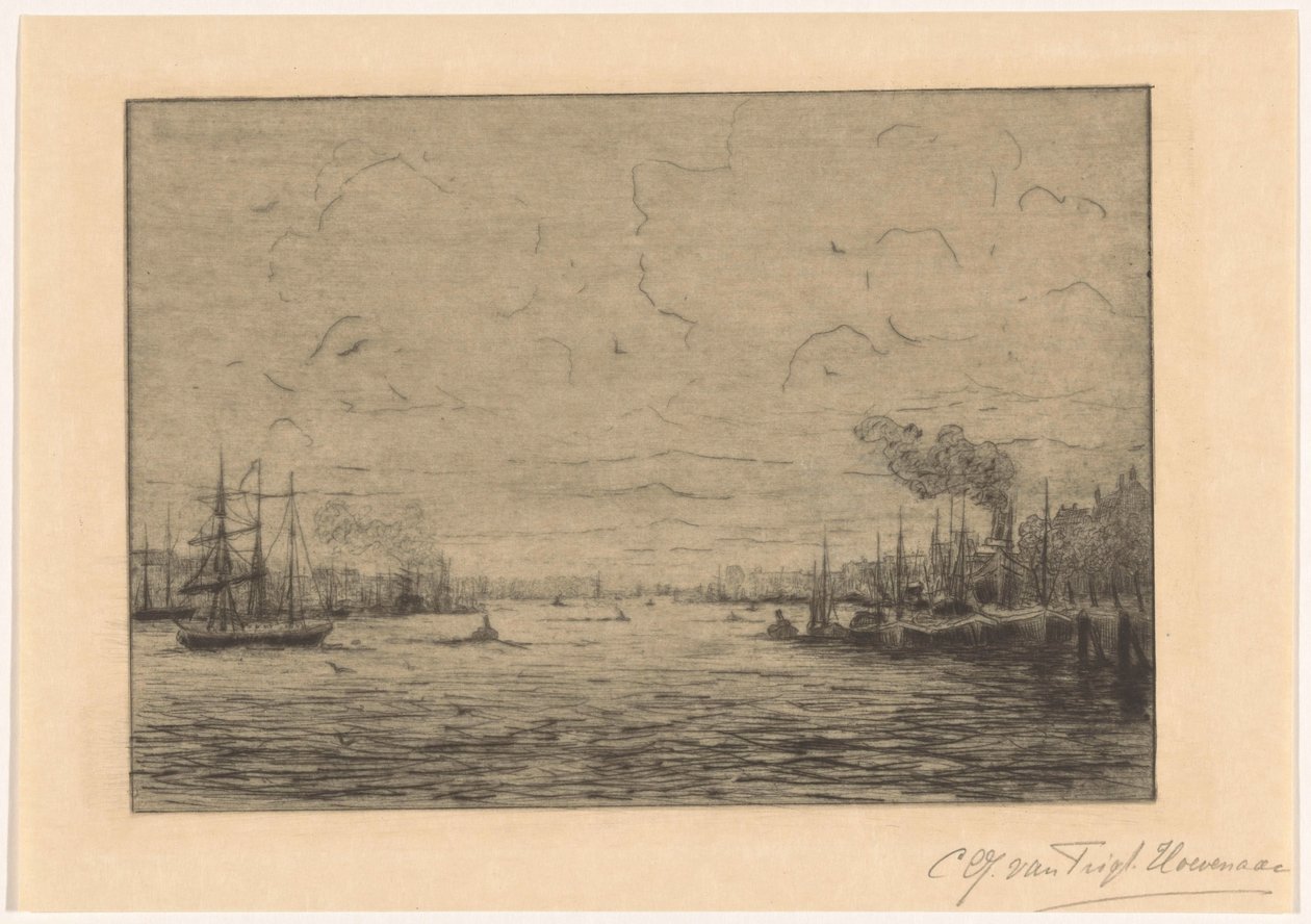 Pohled na Maas poblíž Rotterdamu od Cornelia Christina Johanna van Trigt Hoevenaar (signed by artist)