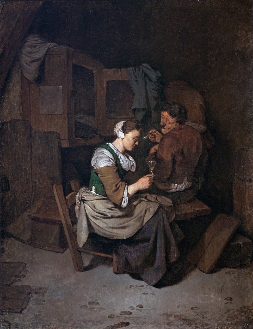 Žena s sklenicí na víno a dvěma rolníky od Cornelis Pietersz Bega