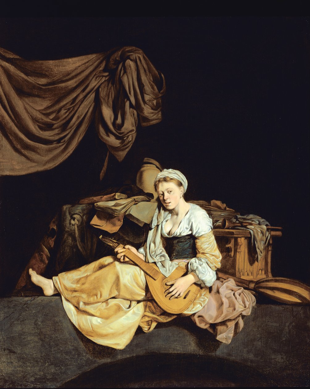 Mladá žena hrající na mandolínu od Cornelis Pietersz Bega