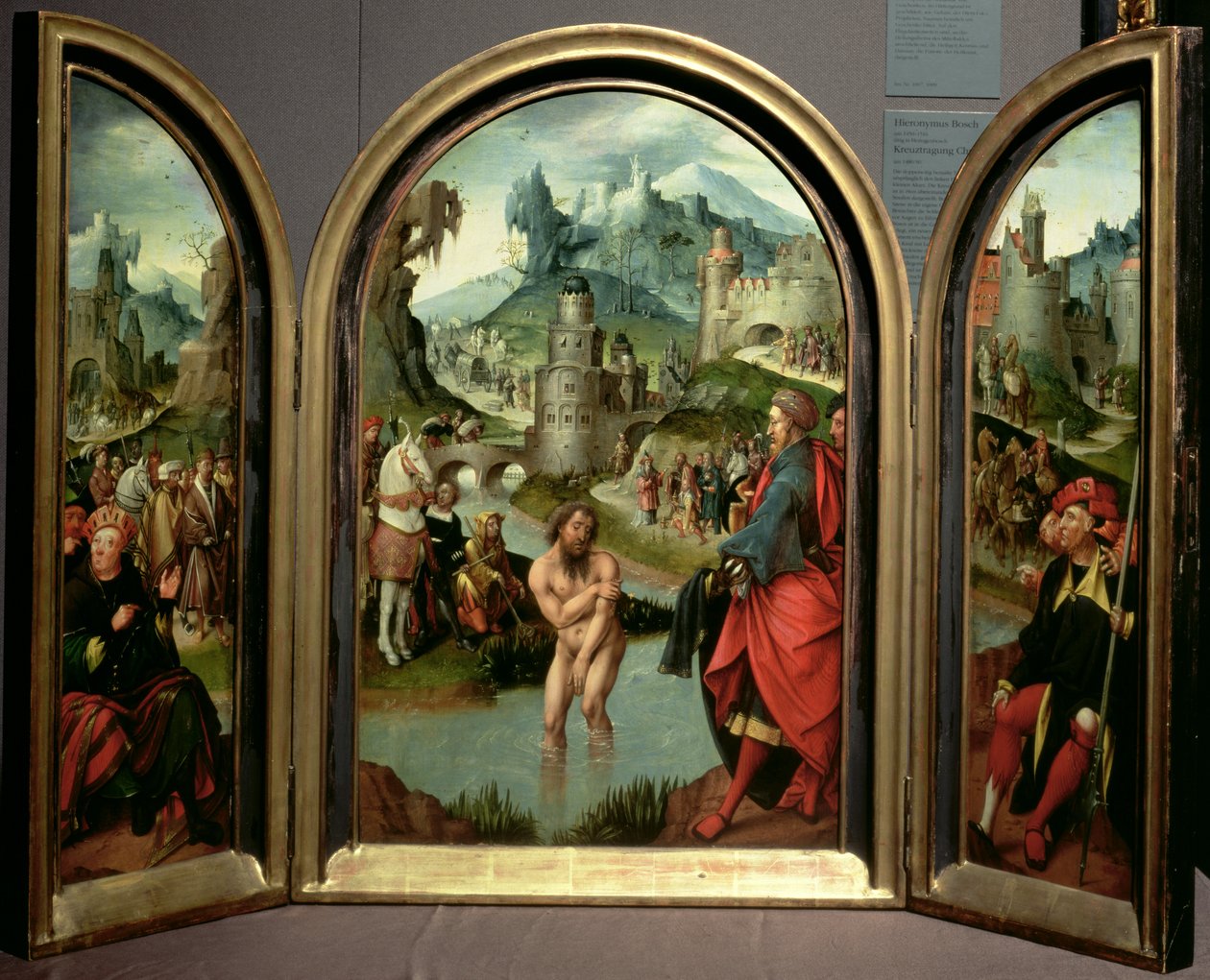 Triptych Očištění Naamanu: na středovém panelu je vyobrazen Naaman, velitel syrské armády, jak se myje v řece Jordán, aby si vyléčil malomocenství na příkaz proroka Elizea, který v zákl. od Cornelis Engebrechtsz