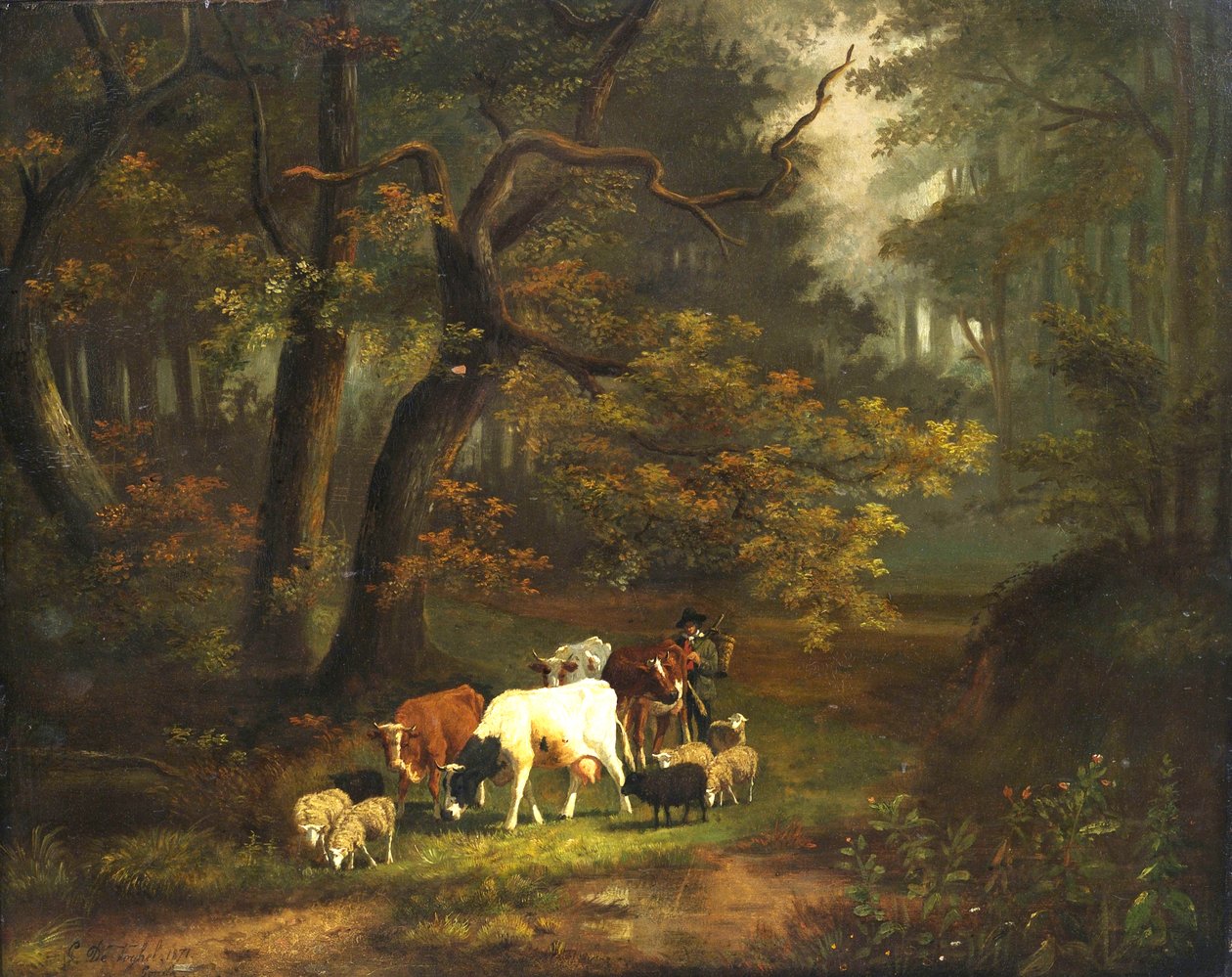 Lesní interiér s malým stádem krav a ovcí. od Cornelis Johannes de Vogel