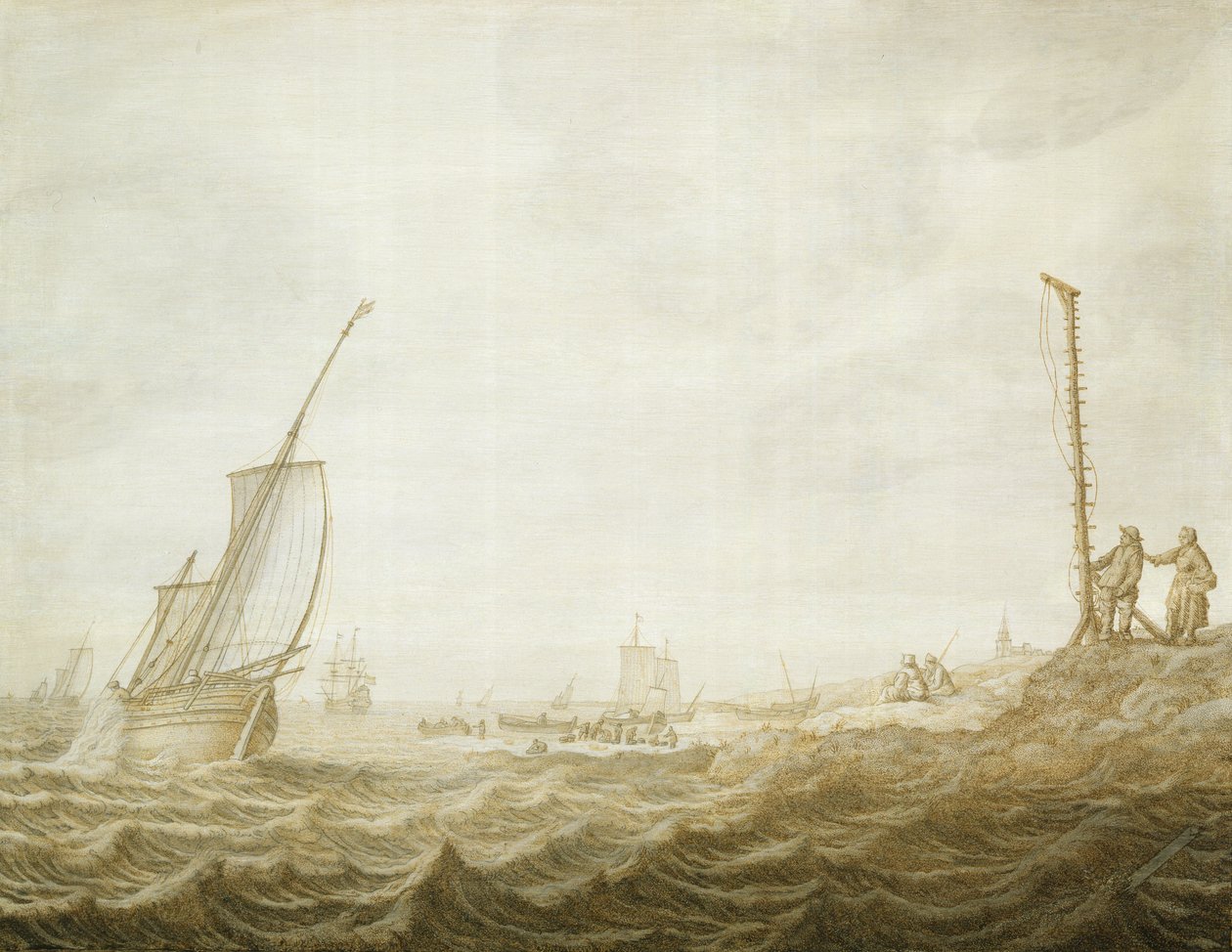 Grisaille z pobřežní scény s postavami od Cornelis Pietersz. de Mooy