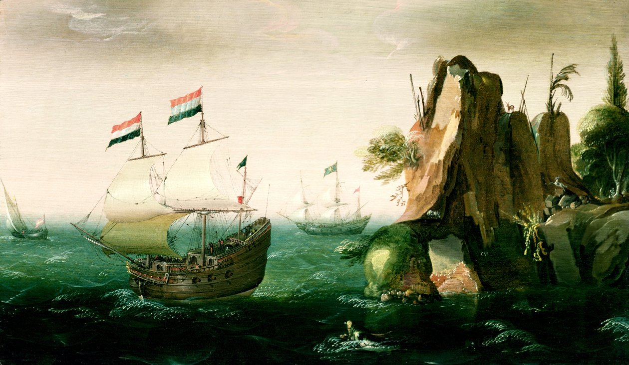 Holandská obchodní loď u skalnatého pobřeží od Pieter Cornelisz. Verbeeck